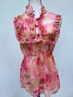 Y2K Dainty Pink Multicolor Floral Chiffon Mandarin Collar Ruffle Top Medium